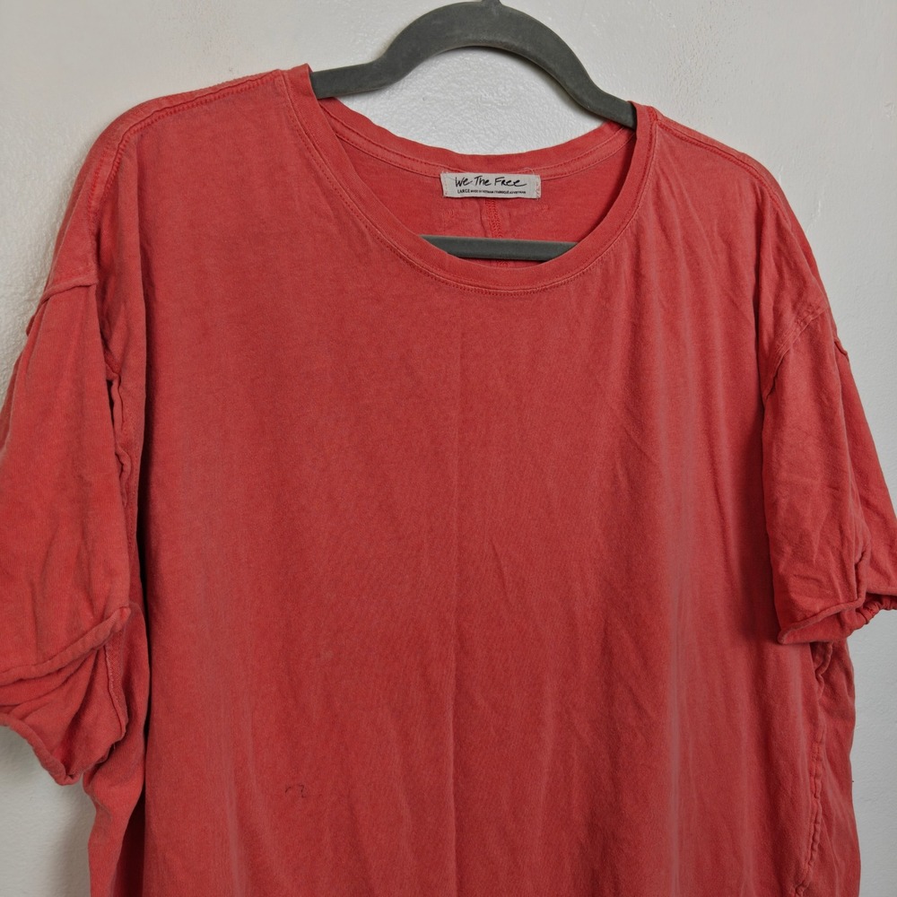Free People We The Free Womens Top Large Coral Red Raw Hem Oversized Tee Boho - Picture 3 of 9